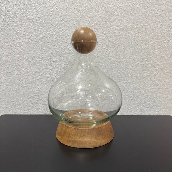 Pottery Barn Other - RARE Pottery Barn Vineyard Wine Decanter with Wood Base Rustic Glass Wine Carafe